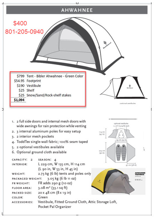 Tent Bibler Ahwanee 63 off 2person w/ Vestibule, footprint, snow