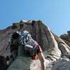 Mahlon Hewitt starting the Leaning Column (P1) on the Durrance Route, Devils Tower. Photo by Mike Dirksen. 