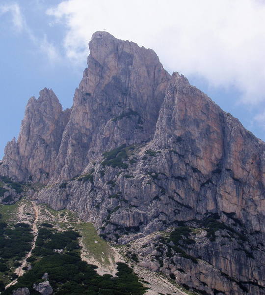 Sass de Stria. <br>
<br>
The Hexenstein Route (6 pitches, 5.7) climbs the highest peak in the left-center of the photo.  You can barely see the large metal cross that's on the summit.<br>
<br>
On the descent, you can see old bunkers, caves, and lookouts from World War I.