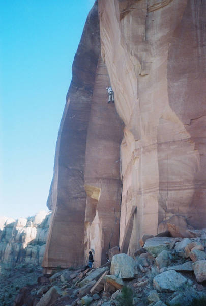 Not the best shot, but the photo conveys the scale of climb well.<br>
Think Pink, Battle of the Bulge Area; Indian Creek, UT.