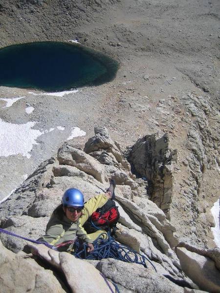 Straight down the buttress. Camp at Icerberg Lake below.