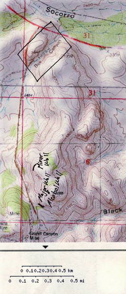 Overview of Socorro Climbing areas (The Box, Minor Wall, Major Wall, and Alcohol Wall).