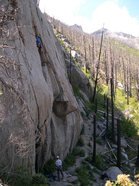 Celestial Groove. Heading up the great corner crack after the bulgy section. (photo thanks to Matt Farmer)