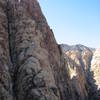 The big view of Epi.  The climb pretty much ascends 2/3 of the way up the varnished wall, just right of the big white buttress, and finishes on that ramp sloping up and right.