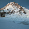 The beautiful north face of Hood with Eliot Glacier.  The Cooper Spur goes up the prominent ridge on the left.  The Sunshine ascends the right skyline and the north face routes go up the left-leaning couloirs on the face.