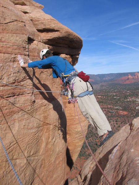 The awsome step across move on last pitch of Regular Route.  This makes the route unforgettable!