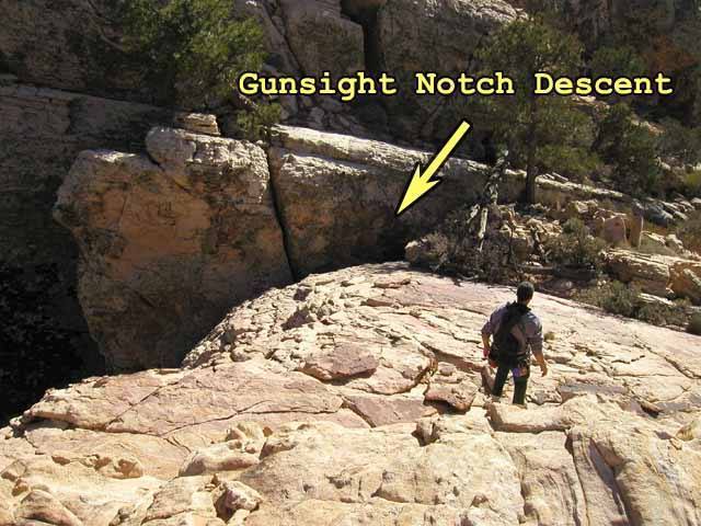 The Gunsight Notch descent begins in an unobtrusive chimney at the far southern end of the Brownstone Wall.