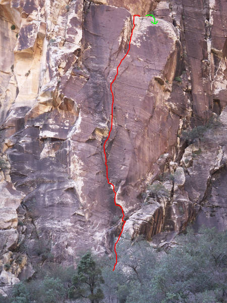 Greased Lightning climbs incipient cracks to a nice grassy ledge.  Rappel with 2 ropes.