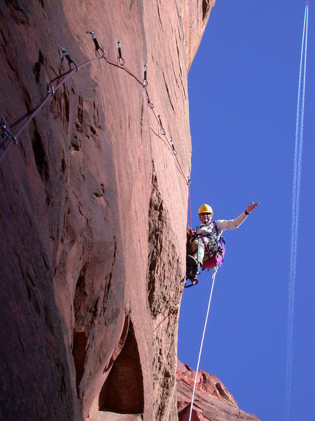 Marc after the bolt ladder on the 1st pitch.