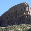 The route is just left of the prow and follows a more or less straight line.  Lot of bolts and cracks get you 450' of climbing. 