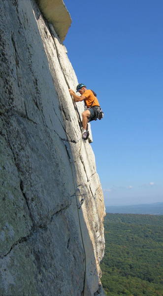 The 5.7+ third pitch of Cascading Crystal Kaleidoscope (CCK), an airy and exposed Gunks classic.<br>
<br>
Photo by [[11870]].