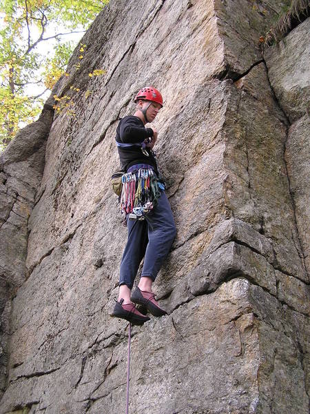 This is the start of Splashtic, which is a little hard to find.  The crux is right below the dark lichen at the top of the picture.