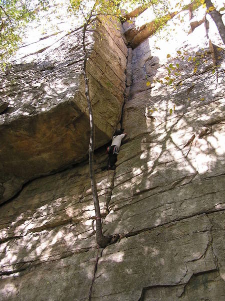 A climber moving into the corner on Horseman, one of the best 5.5 routes anywhere.