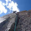 A couple pitches up Teeter Totter Pillar on Longs Peak's East Face.