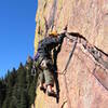 Gary tip toeing across the traverse on 4th pitch.