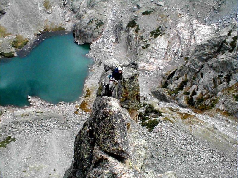 The best belay in Colorado - looking down from the last pitch at Casey and Sky Pond