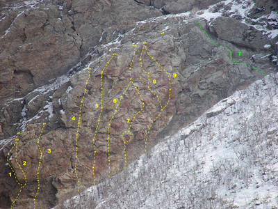 1 [[105741692]] 5.7<br>
2 [[Impossible Dream]]105833539 5.10d<br>
3 [[105802352]] 5.8<br>
4 [[105741245]] 5.6<br>
5 [[105741509]] 5.11a<br>
6 [[105741626]] 5.7<br>
7 [[105741248]] 5.8<br>
8 [[105742193]] 5.9<br>
9 [[105828923]] 5.9R<br>
<br>
T Easy route to top<br>
