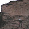 Pulling the crux (the "van dam" move, according to my buddy JB) on the fourth pitch headwall of Suntoucher.