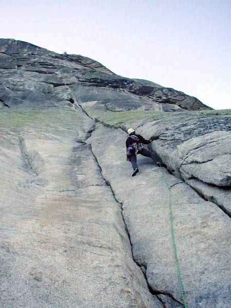 P1 5.9 on The Regular Route on Fairview Dome, 2002. I'd always wanted to do this route, one of the Top 50 Most Crowded Climbs, but the stories of long lines scared my away. My brother Paul and I left San Francisco at 2am on a Saturday in September and got to the trailhead at 6am, only to find another car there. We were pretty upset, but we stuffed some food down, grabbed our gear, and took off. As we left, another car pulled in behind us. A short way down the trail, we saw some people sleeping in the woods, the people that were "ahead of us." So we were first on the climb, and had a great experience. Another party had to wait a bit behind us, and complained a bit, but we soon left them behind on the upper pitches.