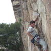 The Viking on the opening crux moves.  Stick clip the first bolt or have good spotters.  Note the angle of the wall in the background.  Red Dwarf 5.12 trad and Viking Soared 5.11 trad climb.