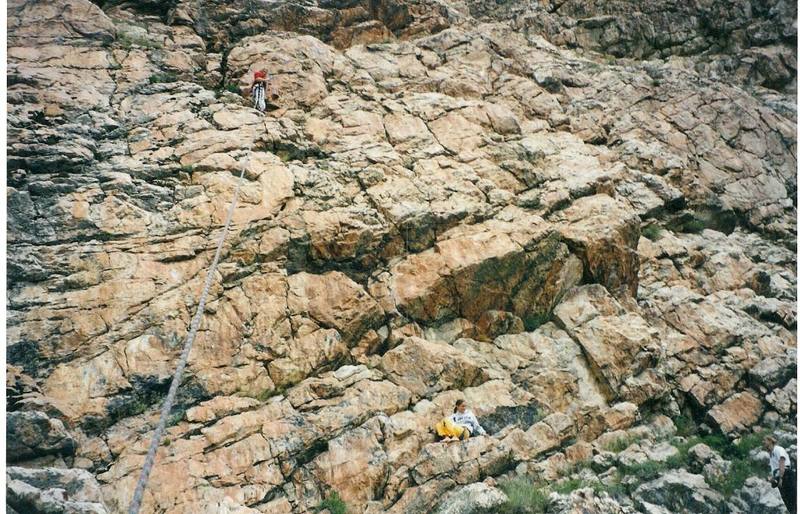 The Ramp Routes.  The climber is at Blue Steel's anchors. 