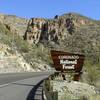 The road up Mount Lemmon, at The Hairpin.  The climbing starts just above this hairpin, in the draw on the left.