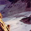 John Fujii on the NE Ridge of Bugaboo Spire.