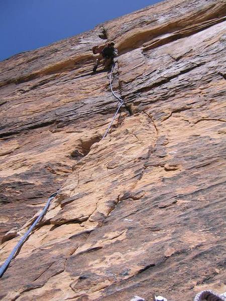 Jeremiah just below the difficult off fist (for me) of the second 5.11 crux pitch.