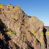 Redgarden Wall, showing the major features and the general location of several classic climbs.<br>
<br>
