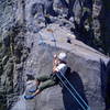 Scott Bushman on the classic Tyrolean traverse.