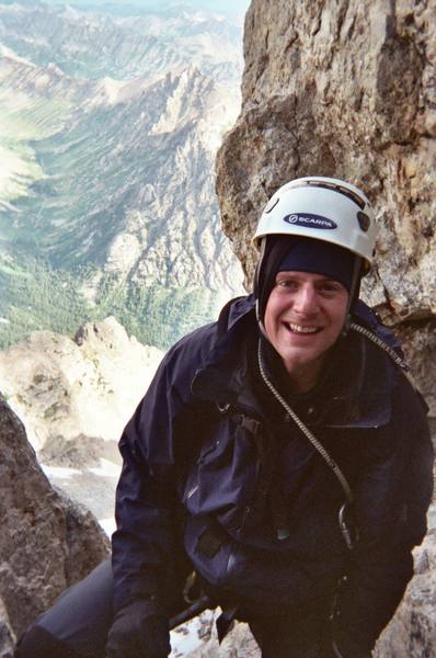 At the top of the Double Chimney looking down over the North Face.