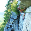 Derek underneath the first crux roof on Shockley's Ceiling (5.7)<br>
<br>
A cropped version of a photo submitted by Denis O'Connor.