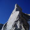 Looking up at the route from the base.  Most of the route is just to the right of the left skyline.