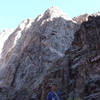 Looking at the Russian from the bottom of the SOB. The route follows the corner-chimney system out near the prow of the buttress.