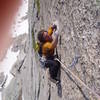 Jim B. crimping down on Spear Me the Details, this is the 5.11b pitch.