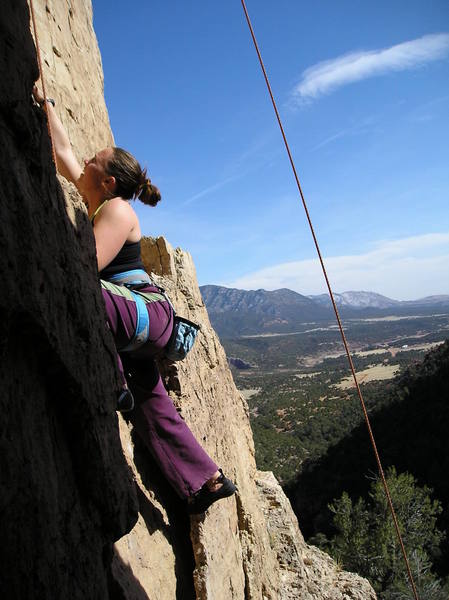 Kelly on First Blood.  Be sure and look to your right for the spectacular views of the Valley!