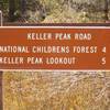 Welcome to Keller Peak! This sign is visible at the junction of Hwy 18 and Keller Peak Road.