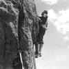 Starting the 3rd pitch out of the "Bay Window" on the first ascent, June 12, 1962.