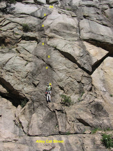 Alley Cat Street from across the road. The route climbs the prominent water streak; five bolts and one pin in 100'.  Bruce Hildenbrand is replacing the first bolt.