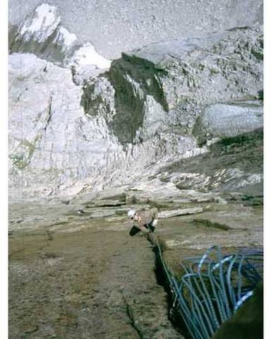 Tony Bubb on Pervertical Sanctuary (10d), Rocky Mountain National Park. Image by Joseffa Meir, 2002