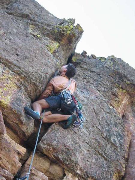 Tony Leads the 'East Overhang (5.10d)' of the Second Flatiron in Colorado. Image by Peter Spindloe, ~2002.
