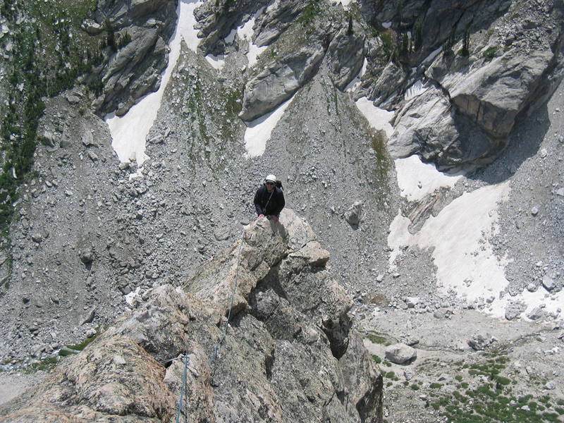 Jim on the upper, easy (but exposed) part of the climb. Photo taken by the late, great Doug Coombs