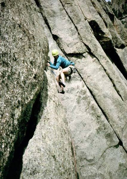 Steven Gale following Orange Julius (5.9 or 10b), Circa 1995. Lumpy Ridge, Colorado. 