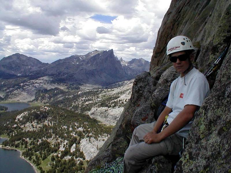 From this belay you can see the Cirque of the Towers in the background and Clear Lake (lower left) and Big Sandy Lake (middle left)