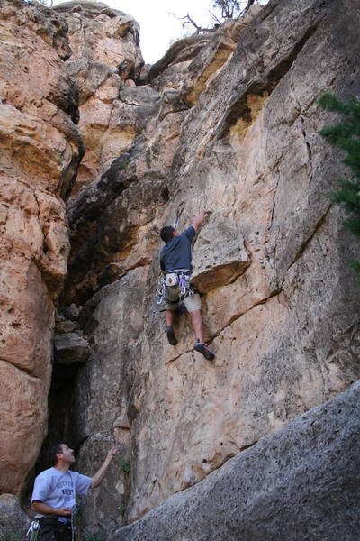 Brian leading "Step Right Up" and just clipped the second bolt and looking for the next hold, decent but short route.