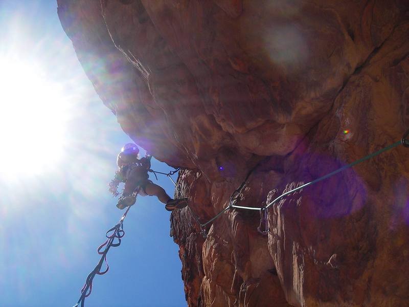 Aiding roofs and overhangs at the Oasis.  This was a good place to practice because every other piece was a bolt, with a few marginal placements in between.  A safe place to figure things out.  Photo taken by Tom Gray.