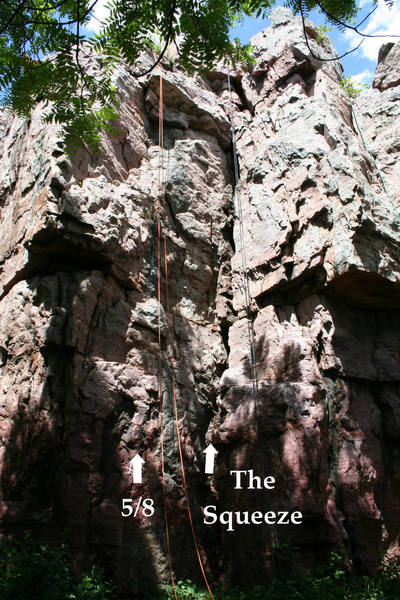 5/8 and The Squeeze on the left portion of the south face of Kanazranzi Buttress.