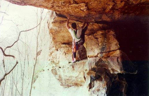 Tony Bubb on the FA of Boogered (5.11) at Symphony Wall. Image by Darin Livingston, Circa 1994