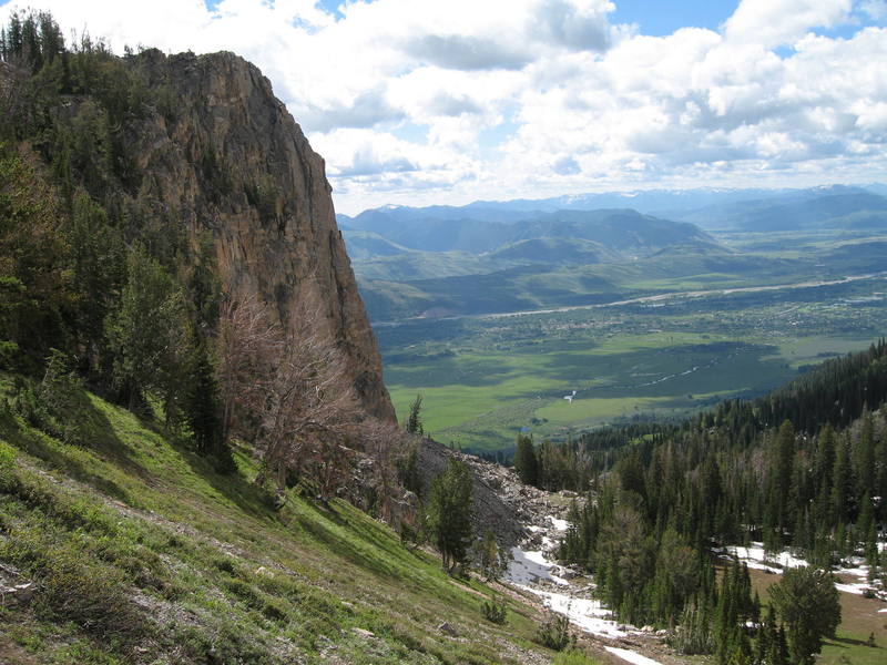 View from the approach trail.  This is the left side of Rock Spring Buttress.  The valley of Jackson Hole is below.