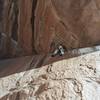 The traverse of the great roof on the Coatimundi/Candyland climb at Granite Mountain.